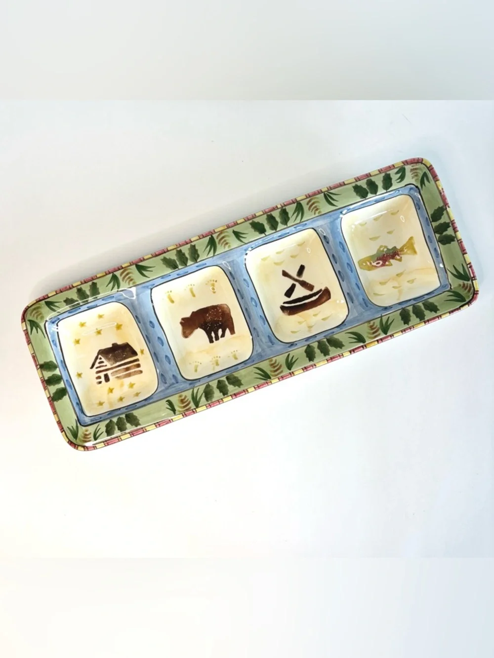 Ceramic Divided Serving Tray Log Cabin Bear Canoe Fish